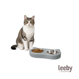 Leeby Comedouro Duplo em A&ccedil;o Inoxid&aacute;vel Verde para gatos