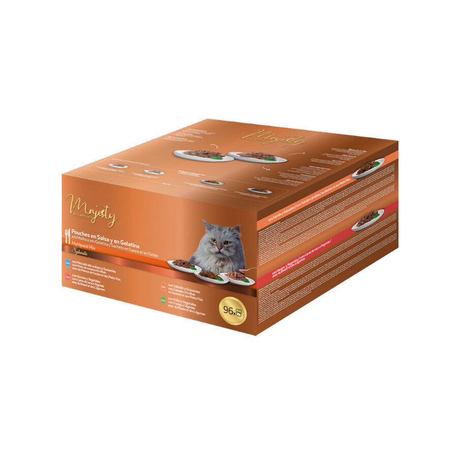 96 saquetas x 100 g Majesty Multipack Comida h&uacute;mida de peixe e carne em saquetas para gatos, , large Imagem n&uacute;mero 1