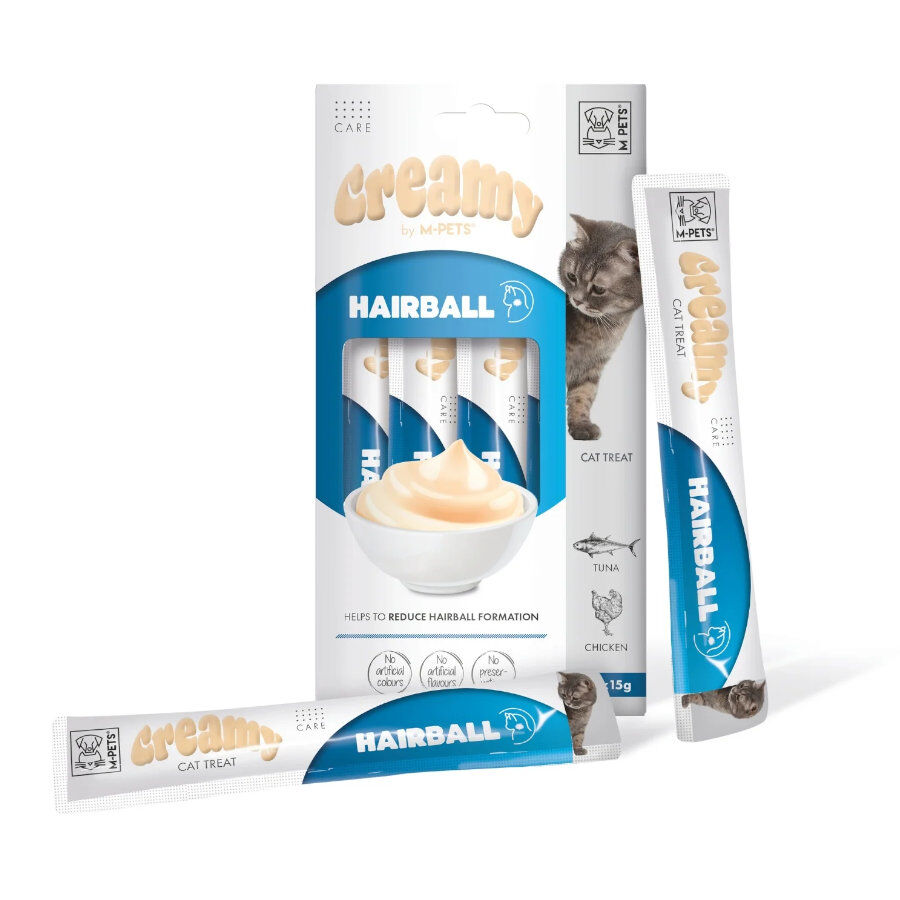 4 sobres x 15 g M-Pets Creamy Bolas de Pelo At&uacute;n y Pollo snack para gatos, , large Imagem n&uacute;mero 1