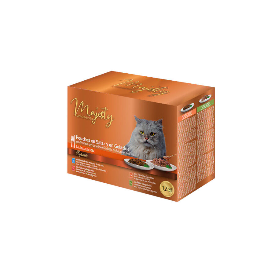 12 saquetas x 100 g Majesty Multipack Comida h&uacute;mida de peixe e carne em saquetas para gatos, , large Imagem n&uacute;mero 1