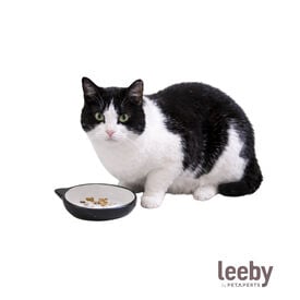 Leeby Comedouro de Cer&acirc;mica Branco e Preto com Orelhinhas para gatos