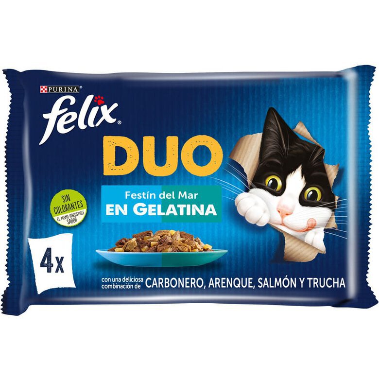 4 saquetas x 85 g Felix Fantastic Duo Delicious Peixe em gelatina para gatos,  Imagem número 1 4 saquetas x 85 g Felix Fantastic Duo Delicious Peixe em gelatina para gatos, , large Imagem número 1