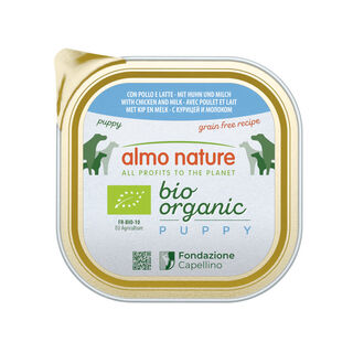 Almo Nature Bio Organic Puppy Frango sem grãos com leite em pote para cães