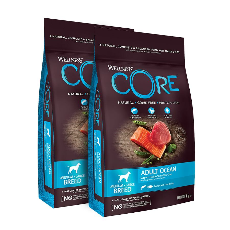 2 x 1.8 kg Wellness Core Adult Medium/Large Ocean Salm&atilde;o e Atum ra&ccedil;&atilde;o para c&atilde;es  Pack poupan&ccedil;a!, , large Imagem n&uacute;mero 1