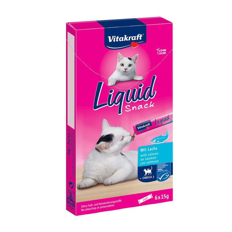 6 saquetas x 15 g Vitakraft Liquid Snack de Salm&atilde;o para gatos, , large Imagem n&uacute;mero 1