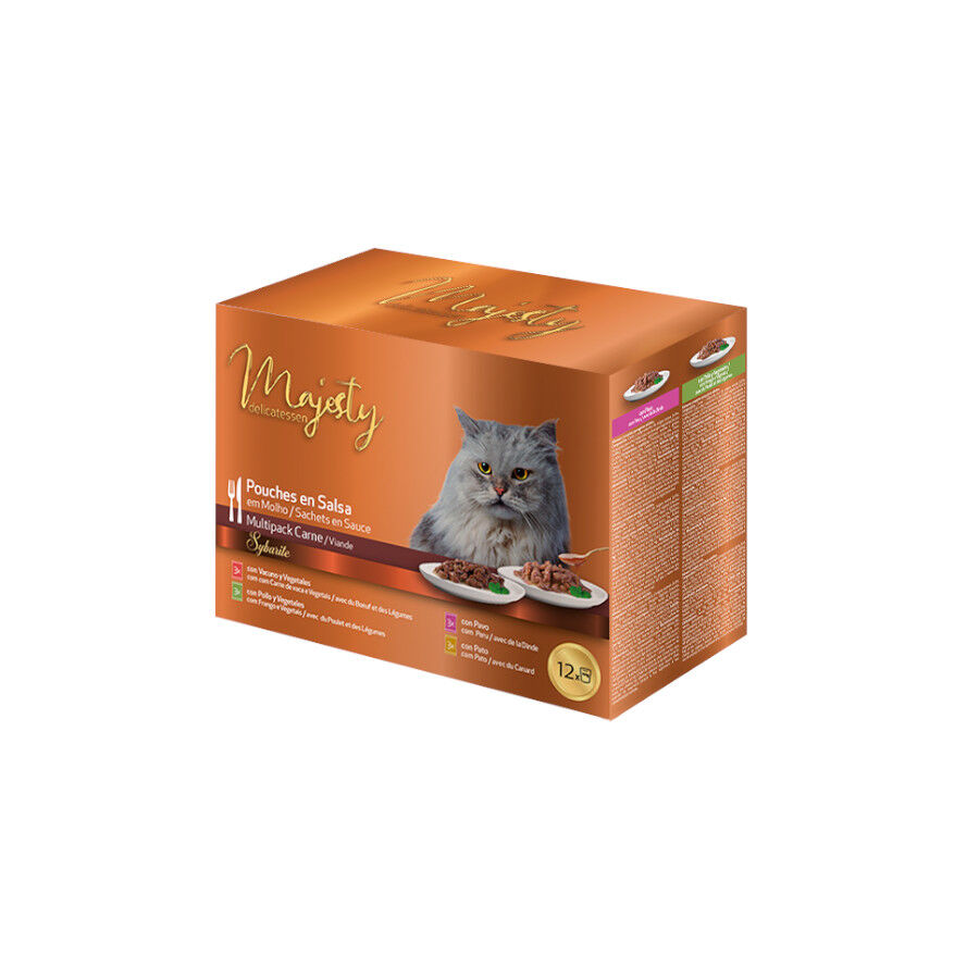 12 saquetas x 100 g Majesty Pouches Multipack Comida h&uacute;mida de carne em saquetas para gatos, , large Imagem n&uacute;mero 1