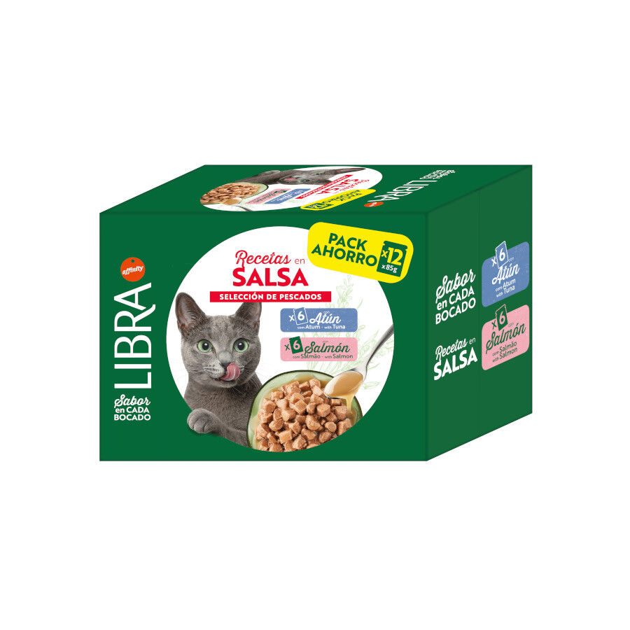 12 paquetas x 85 g Libra Comida h&uacute;mida de salm&atilde;o e atum em gelatina em saquetas para gatos, , large Imagem n&uacute;mero 1