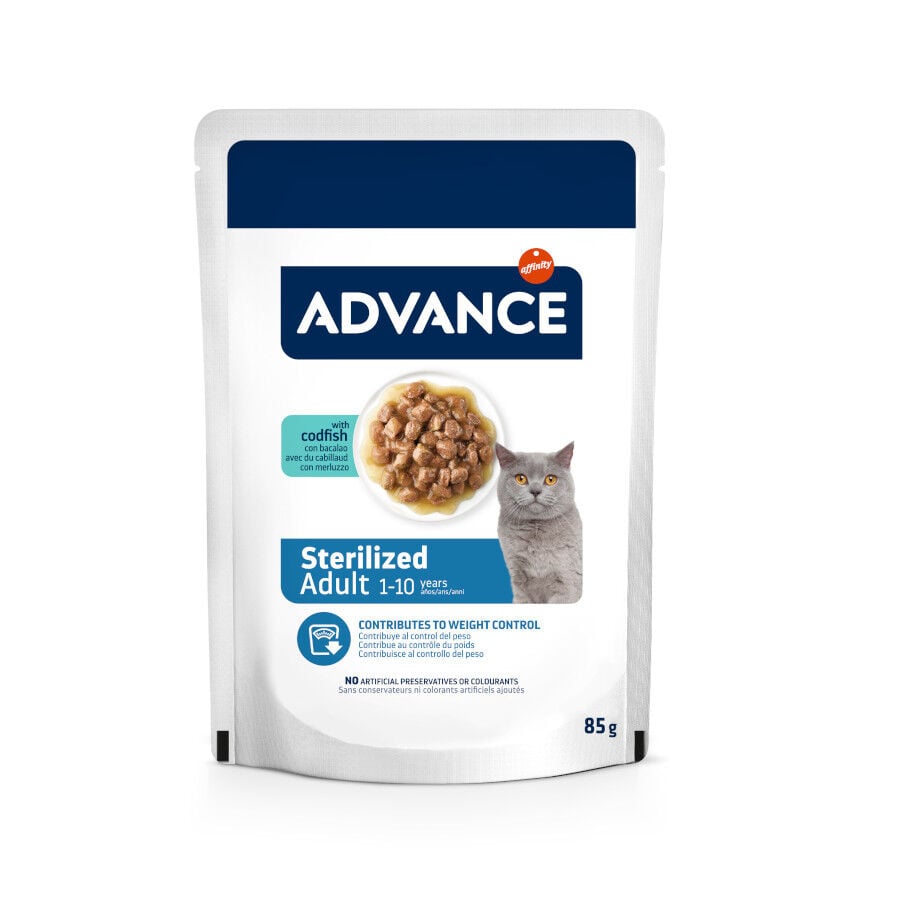 12 saquetas x 85 g (9 + 3 gratis!) Advance Sterilized Adult Bacalhau saquetas para gatos, , large Imagem n&uacute;mero 1