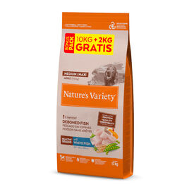 12 kg (10 + 2 kg gr&aacute;tis!) Nature's Variety Healthy Grains Adult Medium Maxi Peixe Branco ra&ccedil;&atilde;o para c&atilde;es