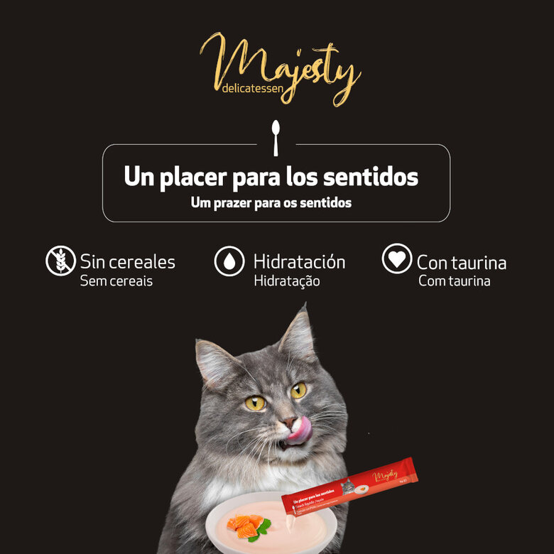 6 saquetas x 15 g Majesty Salmão com Frango snack líquido para gatos,  Imagem número 5 6 saquetas x 15 g Majesty Salmão com Frango snack líquido para gatos, , large Imagem número 5