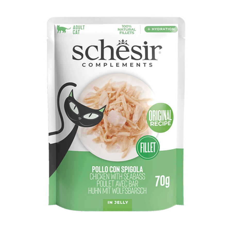 70 g Schesir Fil&eacute;s de Frango com Robalo em Sach&ecirc; de Gelatina para Gatos, , large Imagem n&uacute;mero 1
