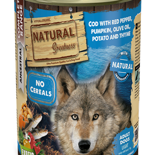 Natural Greatness Complet Ancestral Bacalhau com Pimentos Vermelhos e Batatas patê em lata para cães