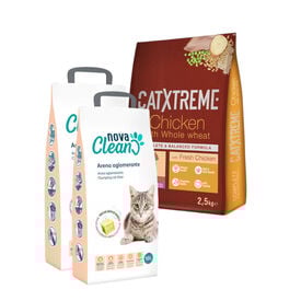 Pack 2,5 kg de ração Catxtreme para peru e frango + 20 L de areia aglomerante Nova Clean para gatos