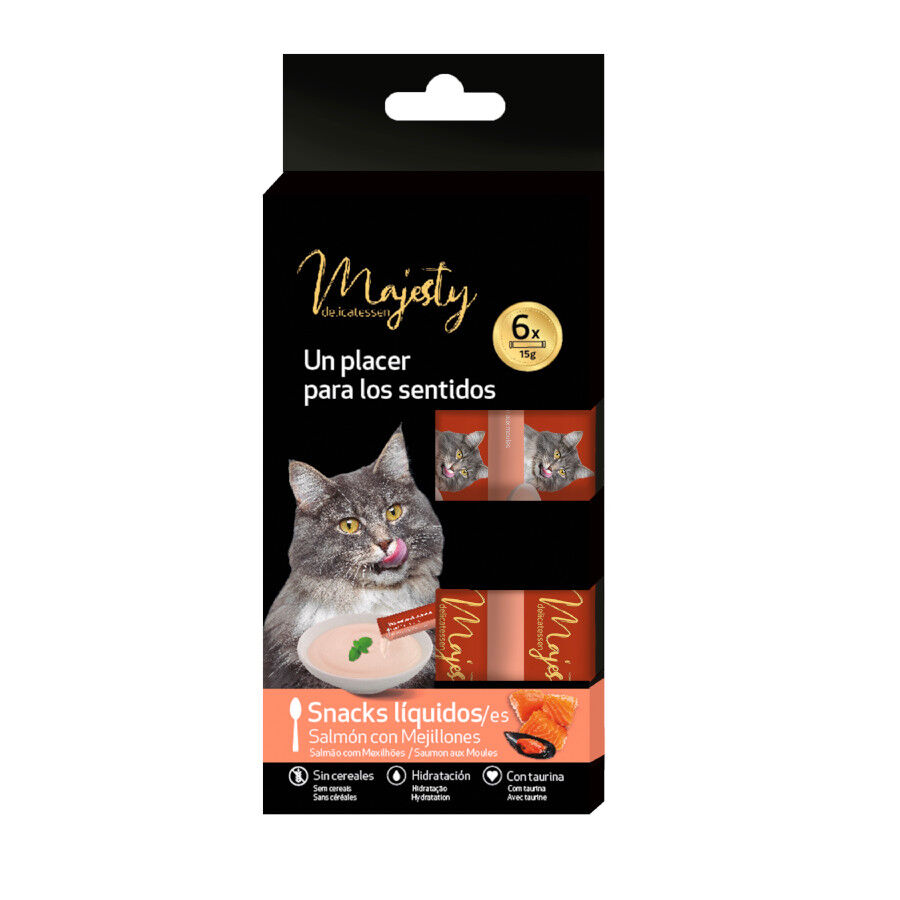 6 saquetas x 15 g Majesty Snack L&iacute;quido de Salm&atilde;o com Mexilh&otilde;es para gatos, , large Imagem n&uacute;mero 1