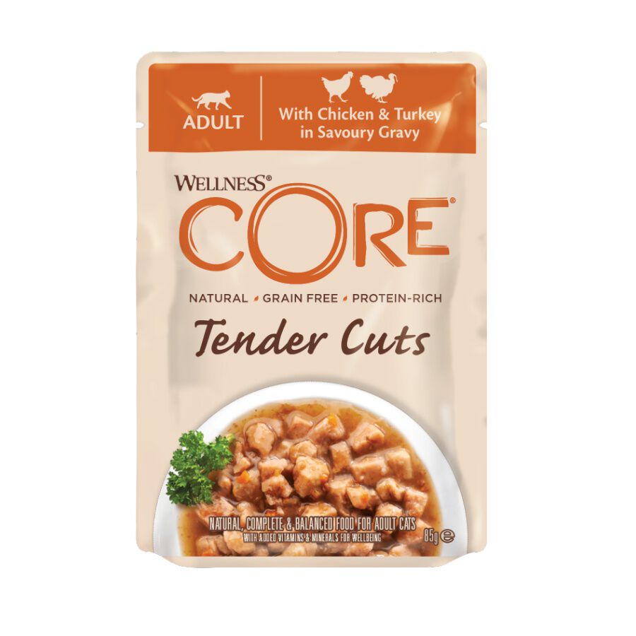 48 saquetas x 85 g  Wellness Core Tender Cuts frango e peru em molho saquetas para gatos Pack poupan&ccedil;a!, , large Imagem n&uacute;mero 1