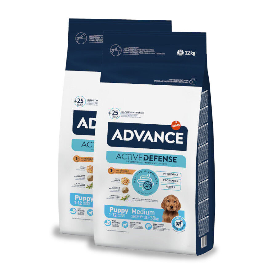 2 x 12 kg Advance Active Defense Medium Puppy Frango e Arroz ra&ccedil;&atilde;o para c&atilde;es Pack poupan&ccedil;a!, , large Imagem n&uacute;mero 1