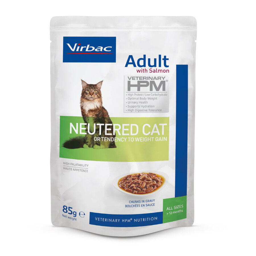 12 saquetas x 85 g Virbac Adult HPM Neutered Salm&atilde;o Saqueta em Molho para gatos, , large Imagem n&uacute;mero 2