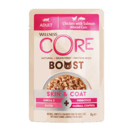 Wellness Core Boost Skin & Coat Comida h&uacute;mida de frango e salm&atilde;o em saquetas para gatos