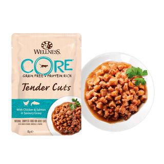 Wellness Core Tender Cuts frango e salmão saquetas para gatos