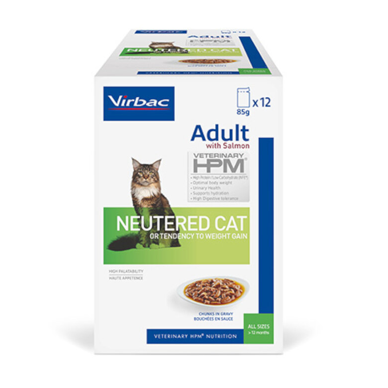 12 saquetas x 85 g Virbac Adult HPM Neutered Salmão Saqueta em Molho para gatos,  Imagem número 1 12 saquetas x 85 g Virbac Adult HPM Neutered Salmão Saqueta em Molho para gatos, , large Imagem número 1