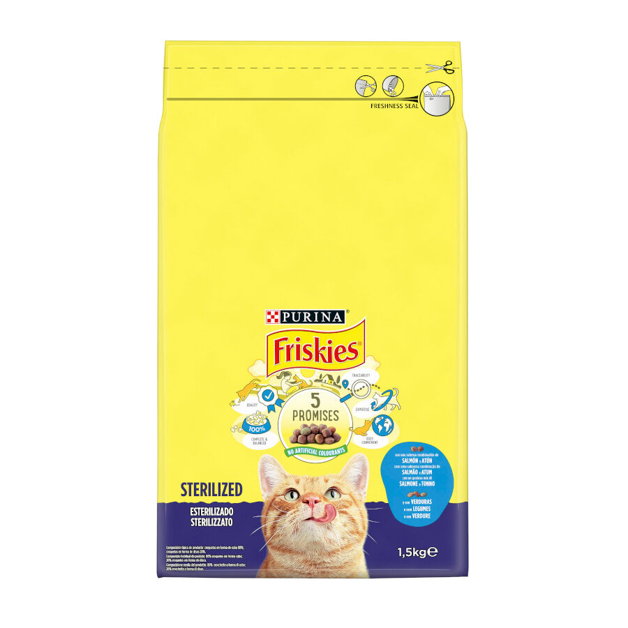 1.5 kg Purina Friskies Sterilized Ra&ccedil;&atilde;o para gatos com salm&atilde;o, at&uacute;m e verduras, , large Imagem n&uacute;mero 3