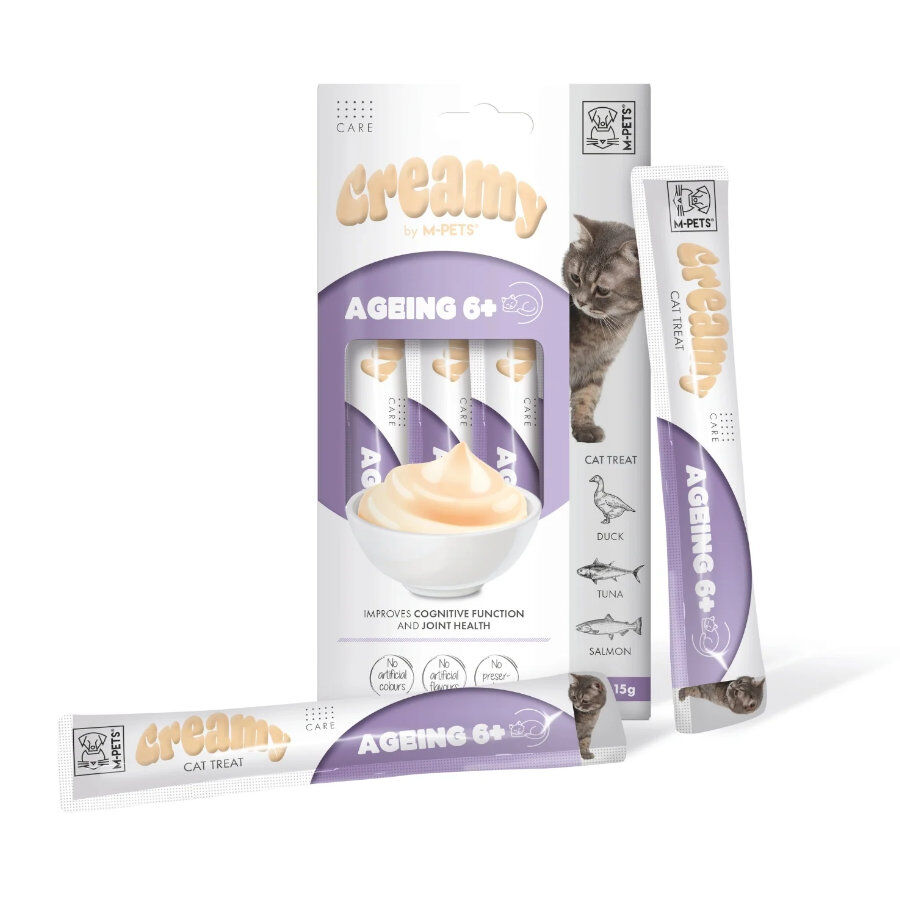 4 sobres x 15 g M-Pets Creamy Ageing 6+ Pato y At&uacute;n snack para gatos s&eacute;nior, , large Imagem n&uacute;mero 1