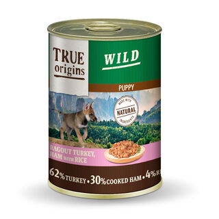 True Origins Wild Puppy Peru e fiambre cozinhados com arroz em lata para cachorros