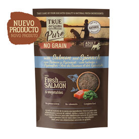 True Origins Pure Comida h&uacute;mida de salm&atilde;o com espinafres em saquetas para c&atilde;es 
