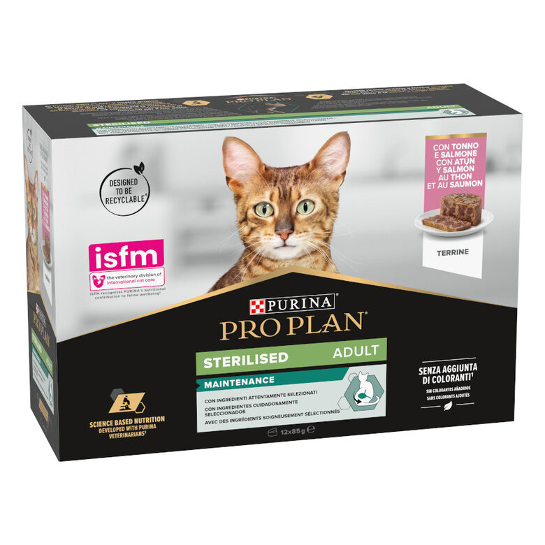 12 latas x 85 g Pro Plan Adult Sterilised Maintenance Alimento húmido de salmão e atum em lata para gatos,  Imagem número 1 12 latas x 85 g Pro Plan Adult Sterilised Maintenance Alimento húmido de salmão e atum em lata para gatos, , large Imagem número 1