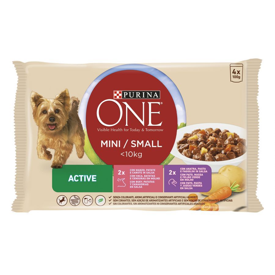 4 saquetas x 100 g Purina One Mini Active Boi e Pato saqueta em molho para c&atilde;es, , large Imagem n&uacute;mero 1