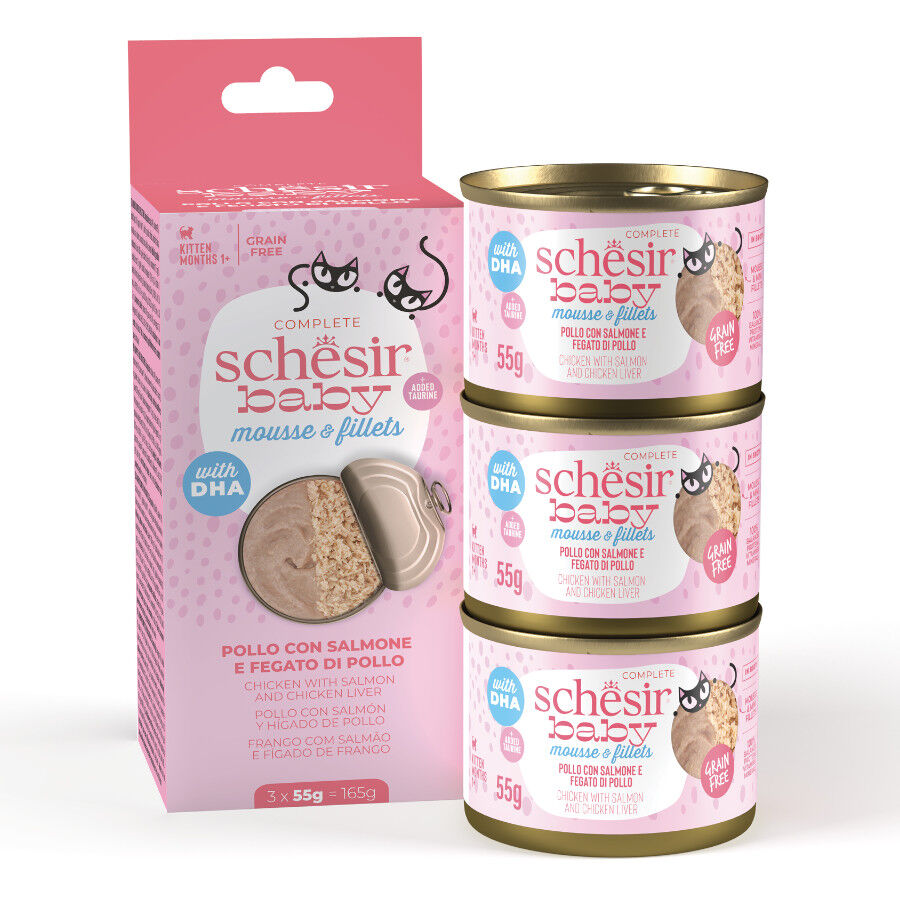 Schesir Baby Comida h&uacute;mida de frango e salm&atilde;o em mousse filetes em lata para gatos, , large Imagem n&uacute;mero 1