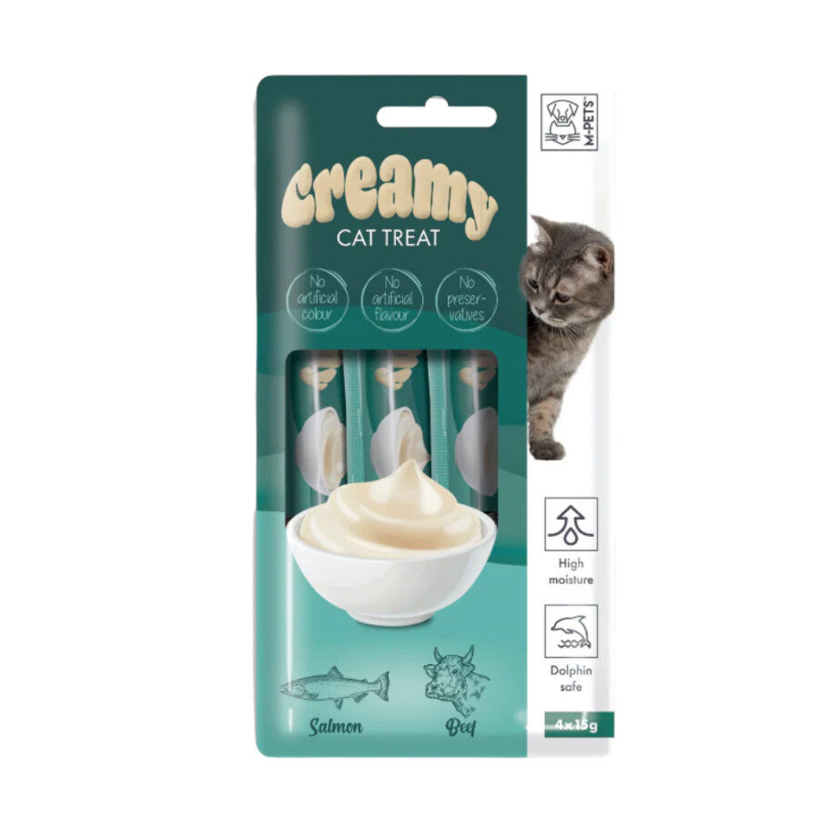 4 sobres x 15 g M-Pets Creamy Salm&oacute;n y Ternera snack para gatos, , large Imagem n&uacute;mero 1