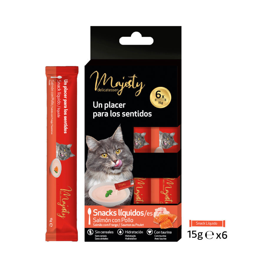 6 saquetas x 15 g Majesty Salm&atilde;o com Frango snack l&iacute;quido para gatos, , large Imagem n&uacute;mero 1