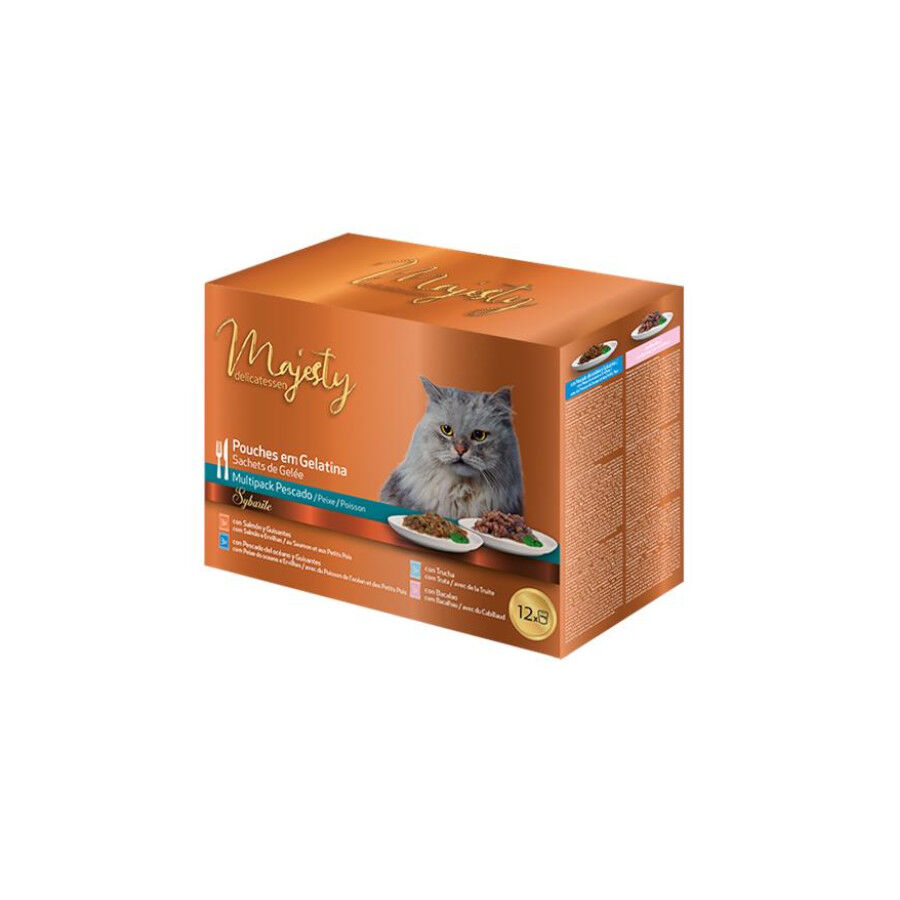 12 saquetas x 100 g Majesty Multipack Comida h&uacute;mida de peixe em saquetas para gatos, , large Imagem n&uacute;mero 1