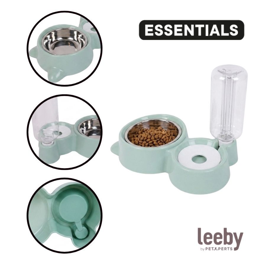 Leeby Comedouro e Dispensador de &Aacute;gua 2 em 1 em A&ccedil;o Inoxid&aacute;vel Verde para gatos, , large Imagem n&uacute;mero 3