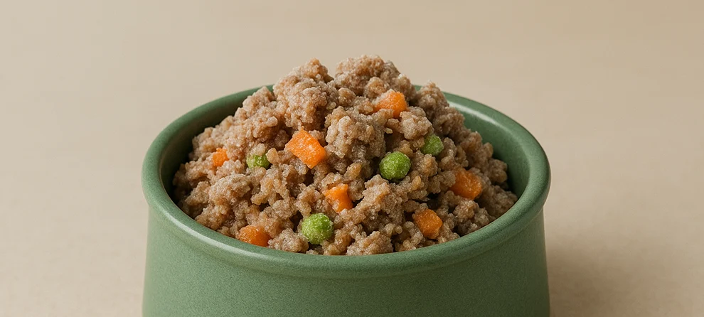 Comida natural cozinhada e congelada com ingredientes frescos