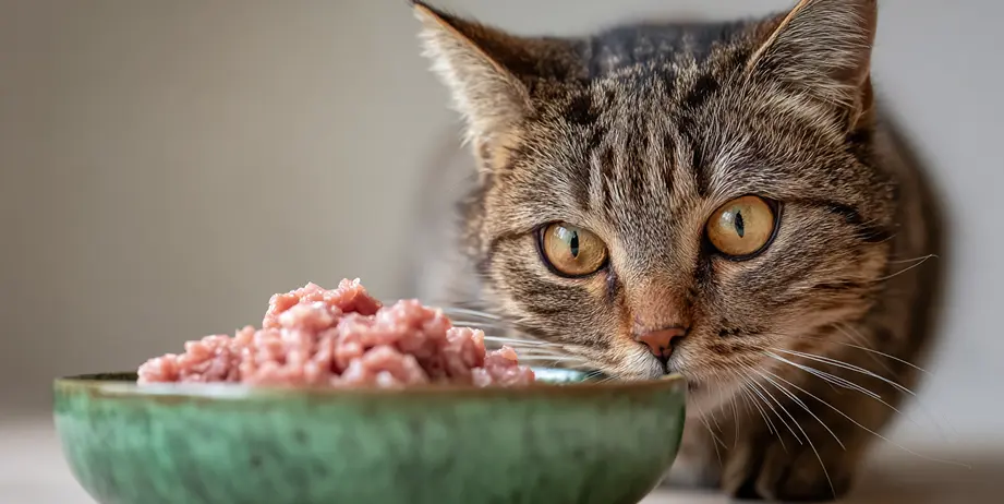 Gato com comida natural congelada