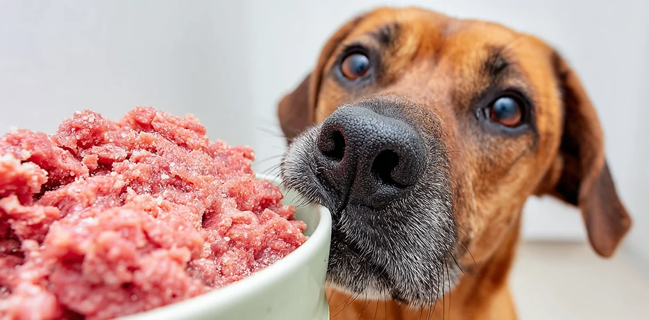 Cão com comida natural congelada