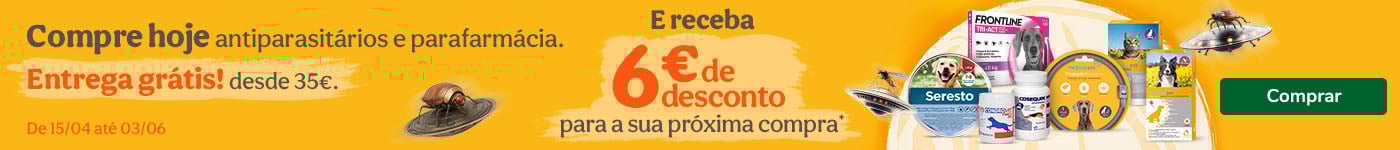 Antiparasitários e Parafarmácia: entrega grátis em compras desde 35€ + 6€ de desconto para a próxima compra!