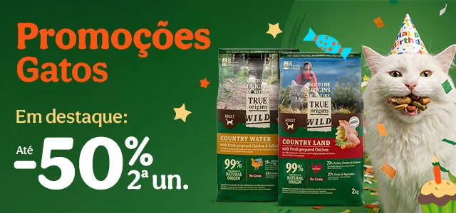 True Origins Wild: 50% de desconto na 2.ª unidade de ração e +30% de desconto em packs de alimentação húmida para gatos.