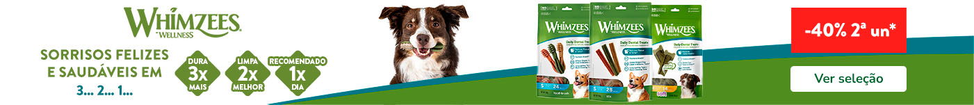 Whimzees: 40% de desconto na 2ª unidade de snacks para cão.
