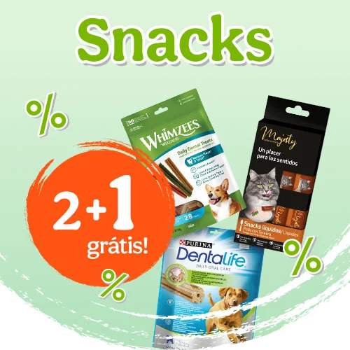 (3x2) 2+1 grátis em snacks para cão e gato.