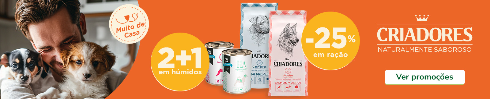 Até 25% de desconto em ração formatos selecionados para cão da Criadores e 2+1 grátis em húmidos – promoções imperdíveis para o seu patudo.