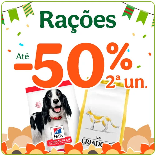 Até 50% de desconto na segunda unidade de ração para o seu animal.