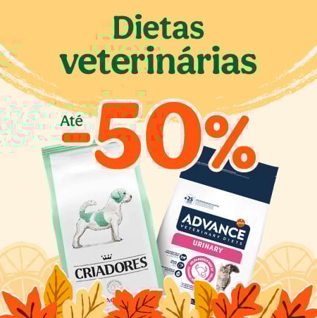 Até 50% de desconto na 2.ª unidade de dietas veterinárias para cães e gatos. Até 50% de desconto na 2.ª unidade de dietas veterinárias para cães e gatos.