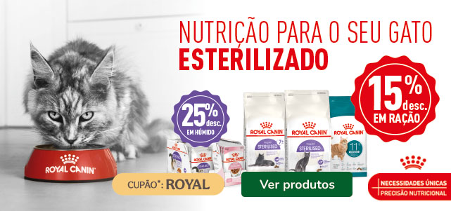 Royal Canin: 15% de desconto em ração e 25% de desconto em packs de alimento húmido para gato.