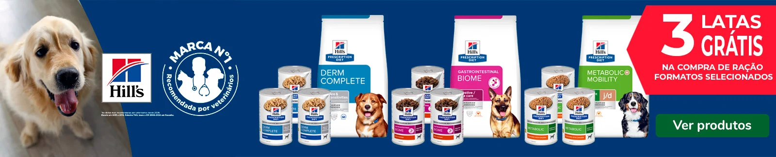 Na compra de dietas Hill's para cão, receba 3 packs de comida húmida grátis. Promoção exclusiva para uma alimentação veterinária completa e equilibrada.