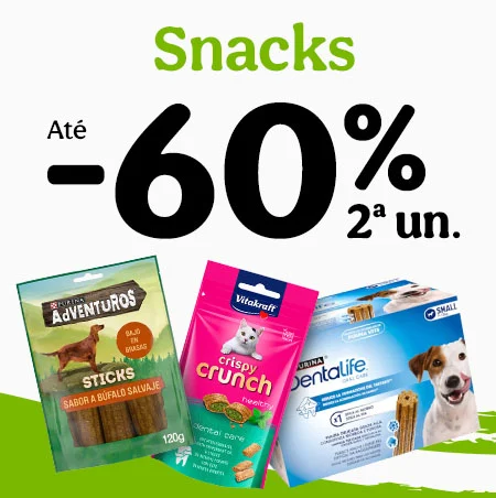 Até 60% de desconto na 2ª unidade de snacks para o seu patudo.