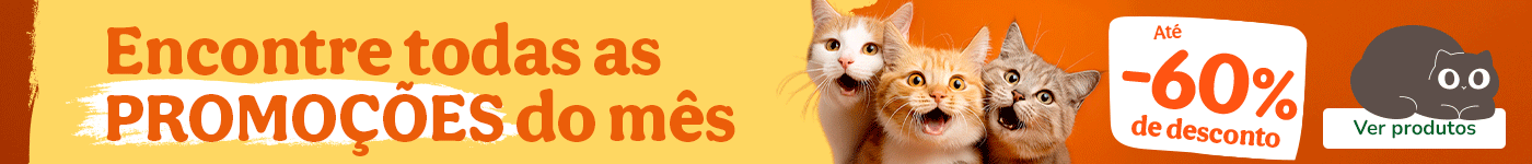 Promoções para gatos com até 60% de desconto em alimentação, snacks e acessórios.