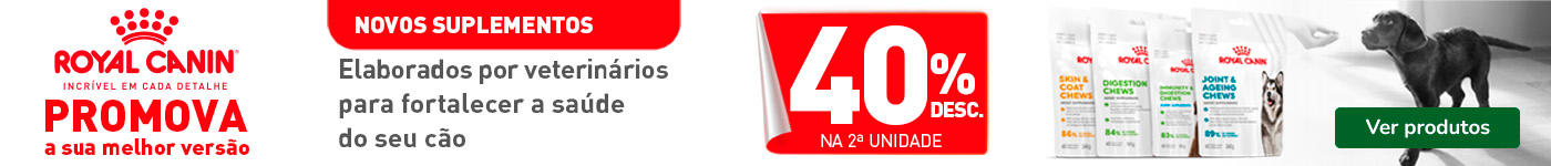 Desconto de 40% na 2ª unidade em suplementos nutricionais para gatos da Royal Canin. Promoção válida numa seleção de produtos de apoio à saúde e bem-estar dos patudos felinos.